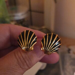 Monet Gold and Black Shell Clip On Earrings